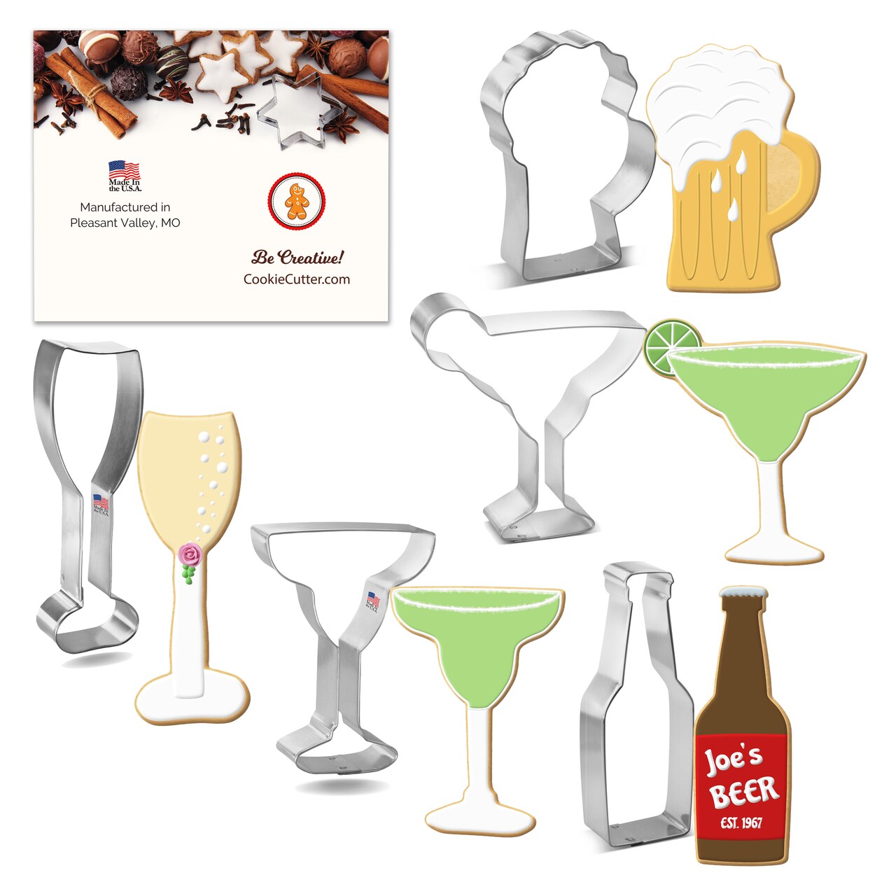 CookieCutter.com 5 Piece Drinks Cookie Cutter Set Margarita Glass with Lime, Bottle, Beer Mug, Champagne Glass, Margarita Glass, USA